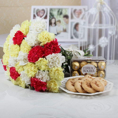Carnations with Chocolates and Cookies Combo