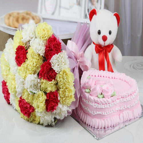 Combo of Cake Teddy and Carnations