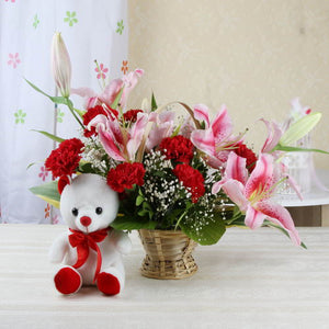 Exotic Flower Basket and Teddy Bear Combo