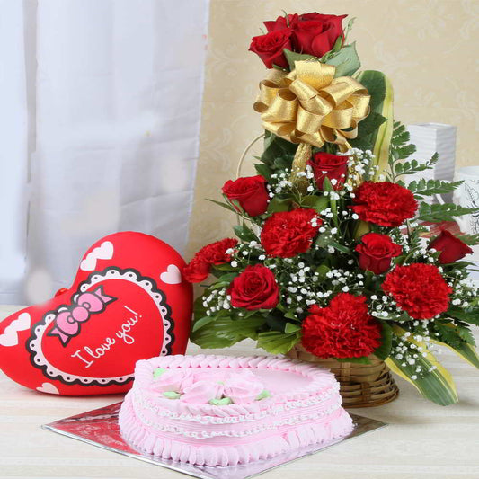 Basket Arrangement Cake and Heart Cushion Combo