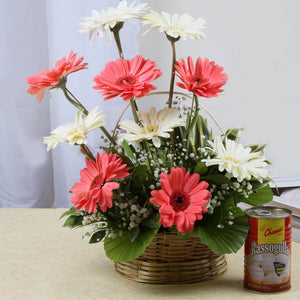 Basket of Gerberas with Rasgulla Sweets