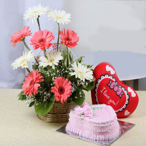 Basket of Gerberas with Heart Cushion and Eggless Strawberry Cake