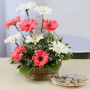 Kaju Katli Sweets with Basket of Ten Gerberas