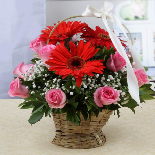 Mix Red and Pink Flowers Basket for Same Day Delivery