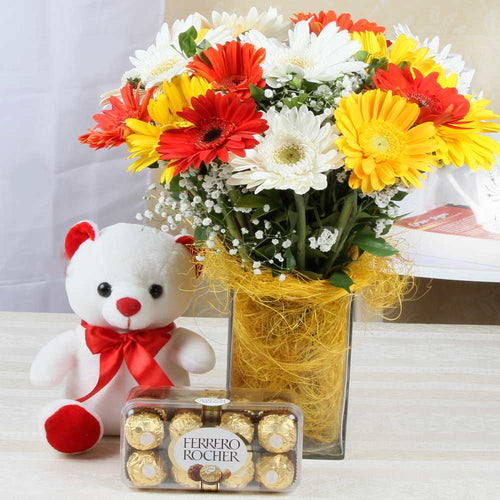 Gerberas Vase and Teddy with Rocher Chocolates Combo