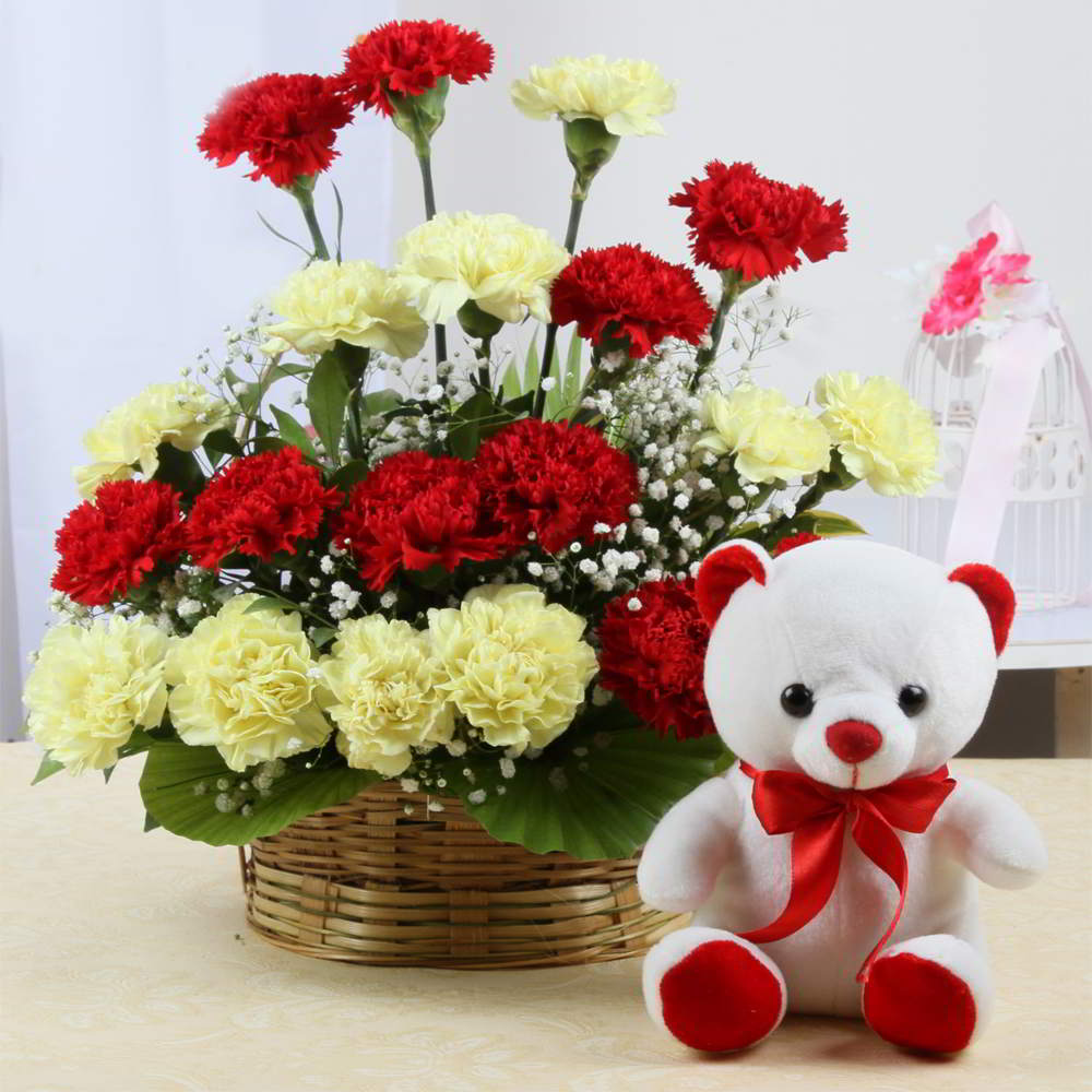 Basket Arrangement of Mix Carnations with Teddy Bear