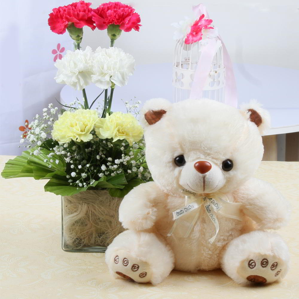 Fresh Carnations Glass Vase with Soft Toy