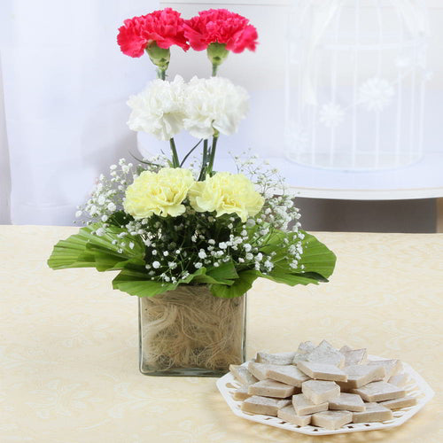 Colorful Carnations Glass Vase with Kaju Katli Sweets