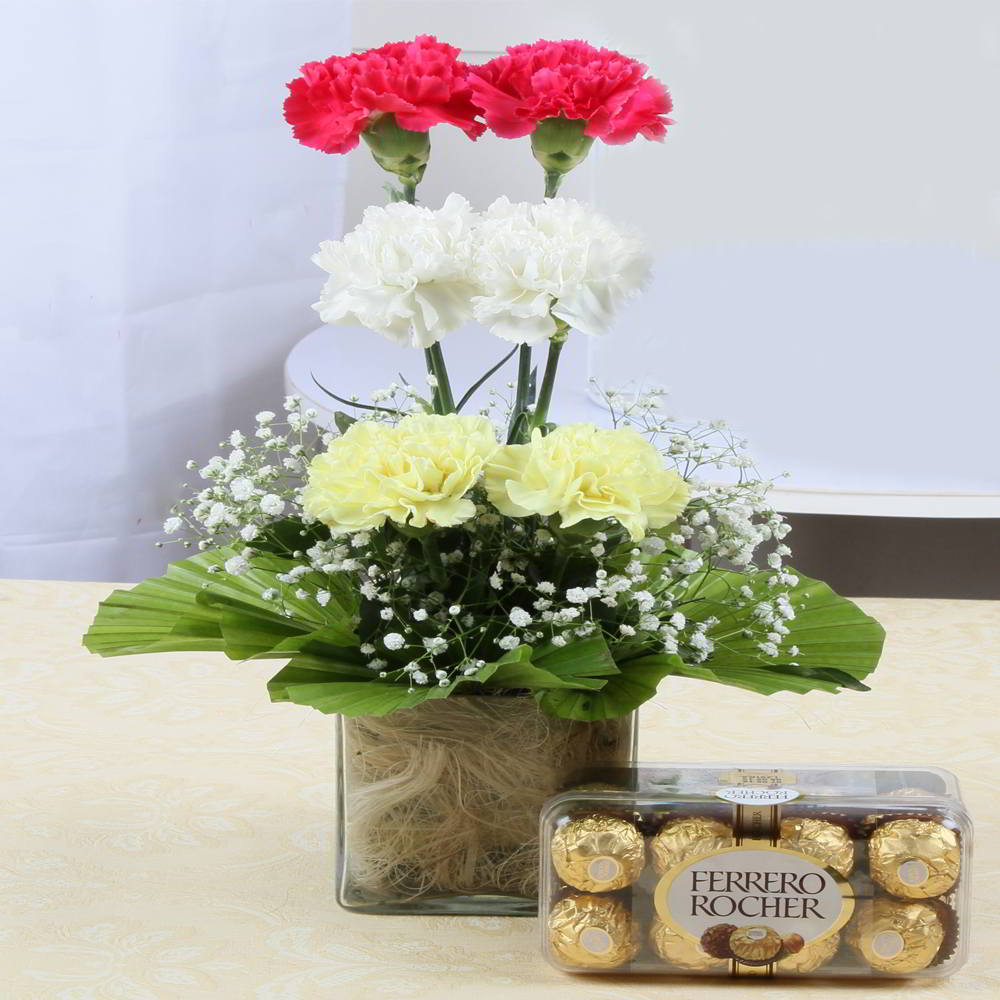 Six Carnations Glass Vase with Ferrero Rocher Chocolates