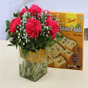 Vase of Pink Carnations with Soan Papdi for Same Day Delivery