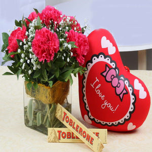 Six Carnations with Heart Cushion and Toblerone Chocolates