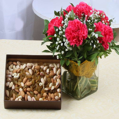 Pink Carnations Vase with Assorted Dry Fruits