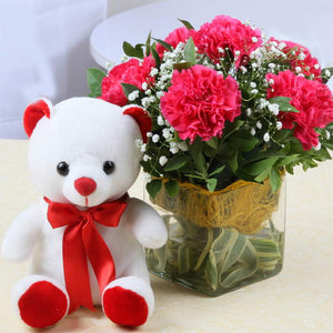 Vase of Pink Carnations with Teddy Soft Toy
