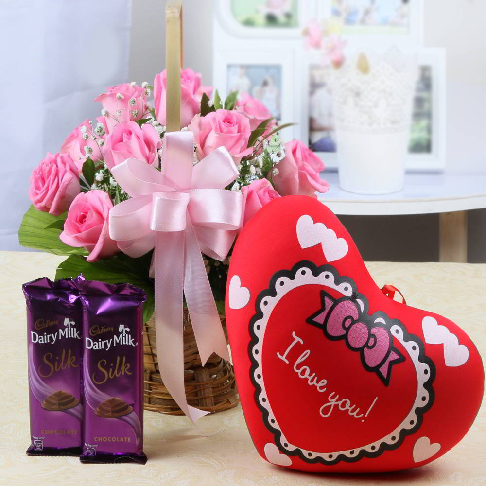 Roses Basket with Heart Cushion and Dairy Milk Silk Chocolates