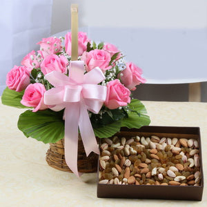 Ten Pink Roses Basket with Dry Fruits Box for Express Delivery