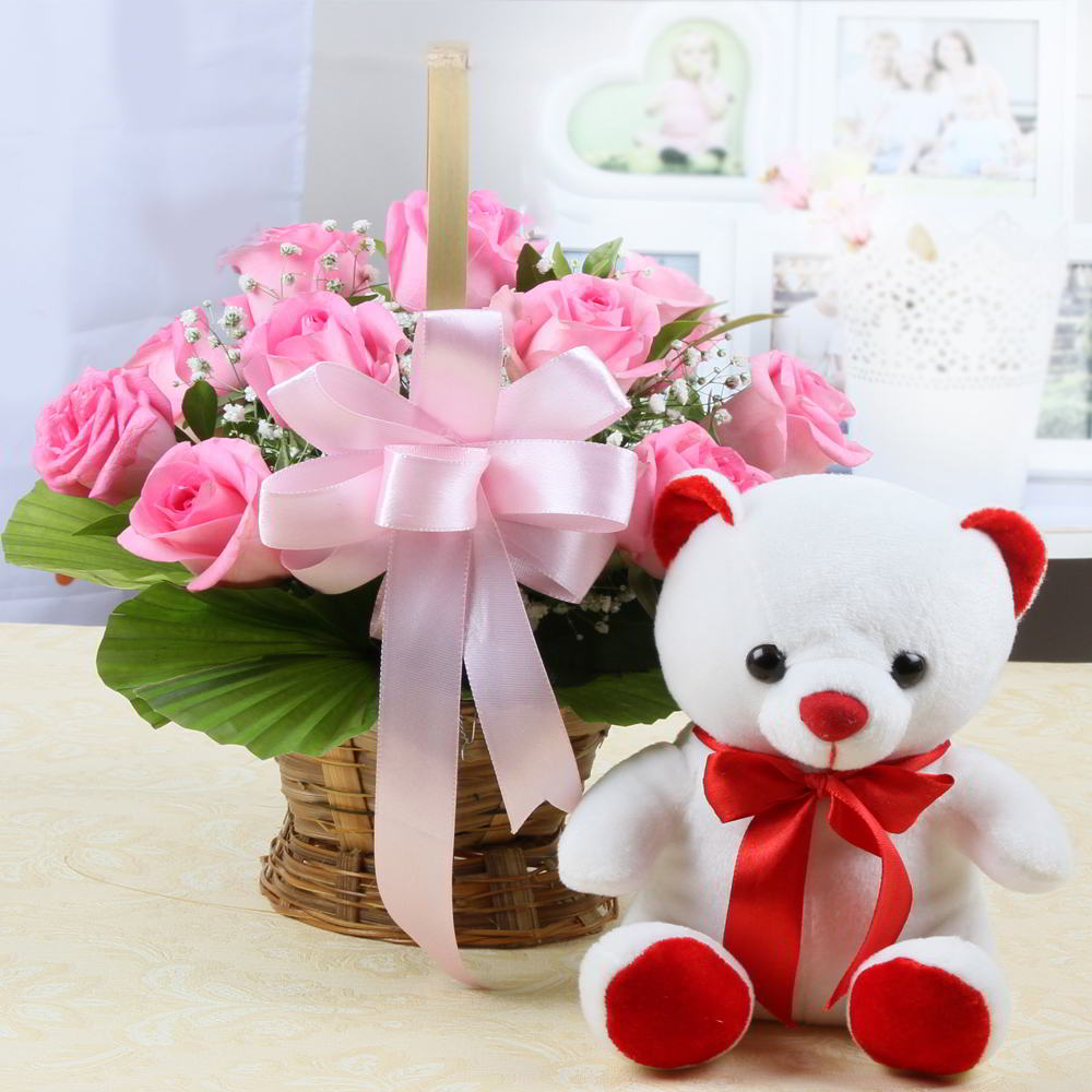 Pink Roses Basket with Cute Teddy Bear
