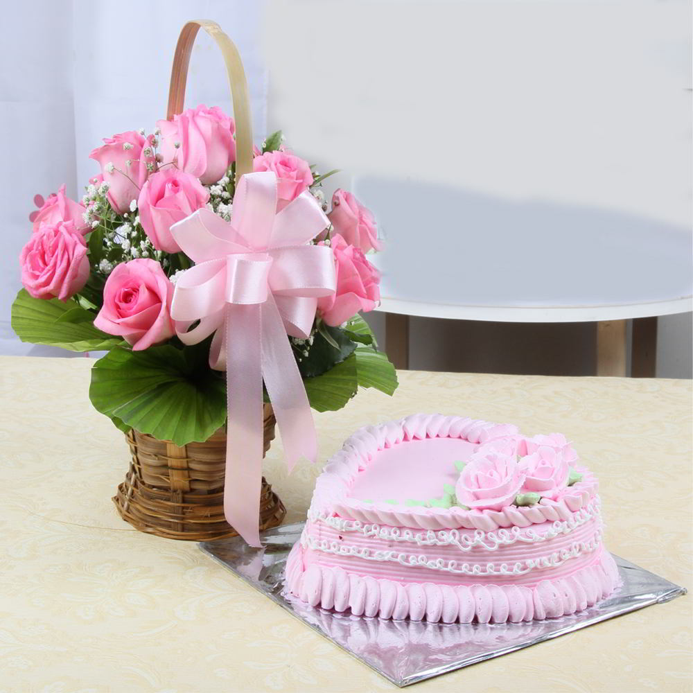 Ten Pink Rose Basket with Heart Shaped Strawberry Cake