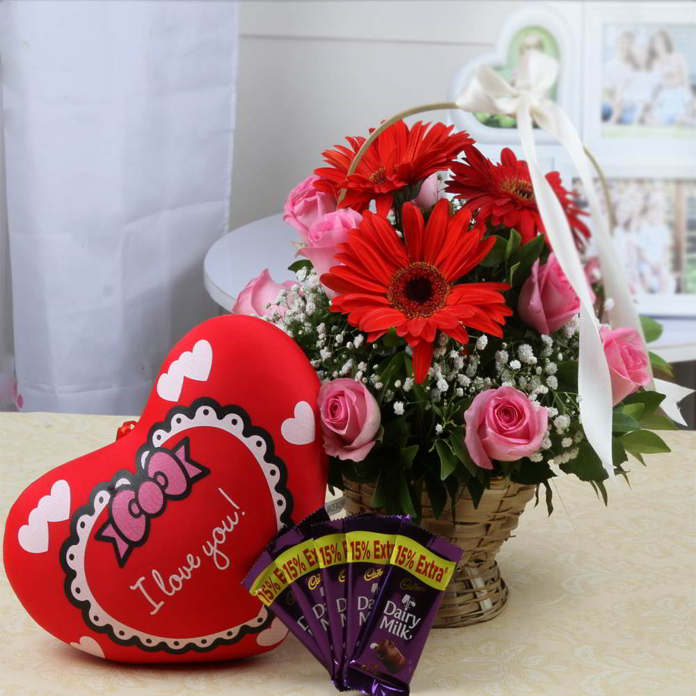 Mix Red and Pink Flowers Basket with Dairy Milk Chocolates and Heart Cushion
