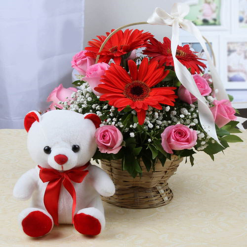 Flowers Basket with Soft Toy for Online Delivery
