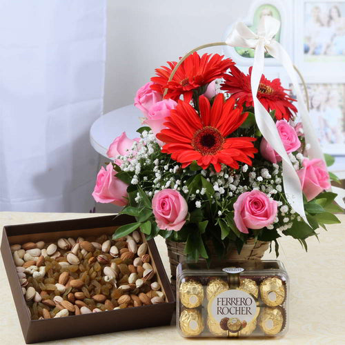 Flowers Basket with Dry fruits and Ferrero Rocher Chocolates