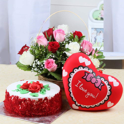 Flowers Basket with Red Velvet Cake and Red Heart Cushion