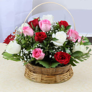 Colorful Roses Arranged in Round Basket for Same Day Delivery