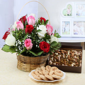 Mix Roses Basket with Dry fruits and Cookies