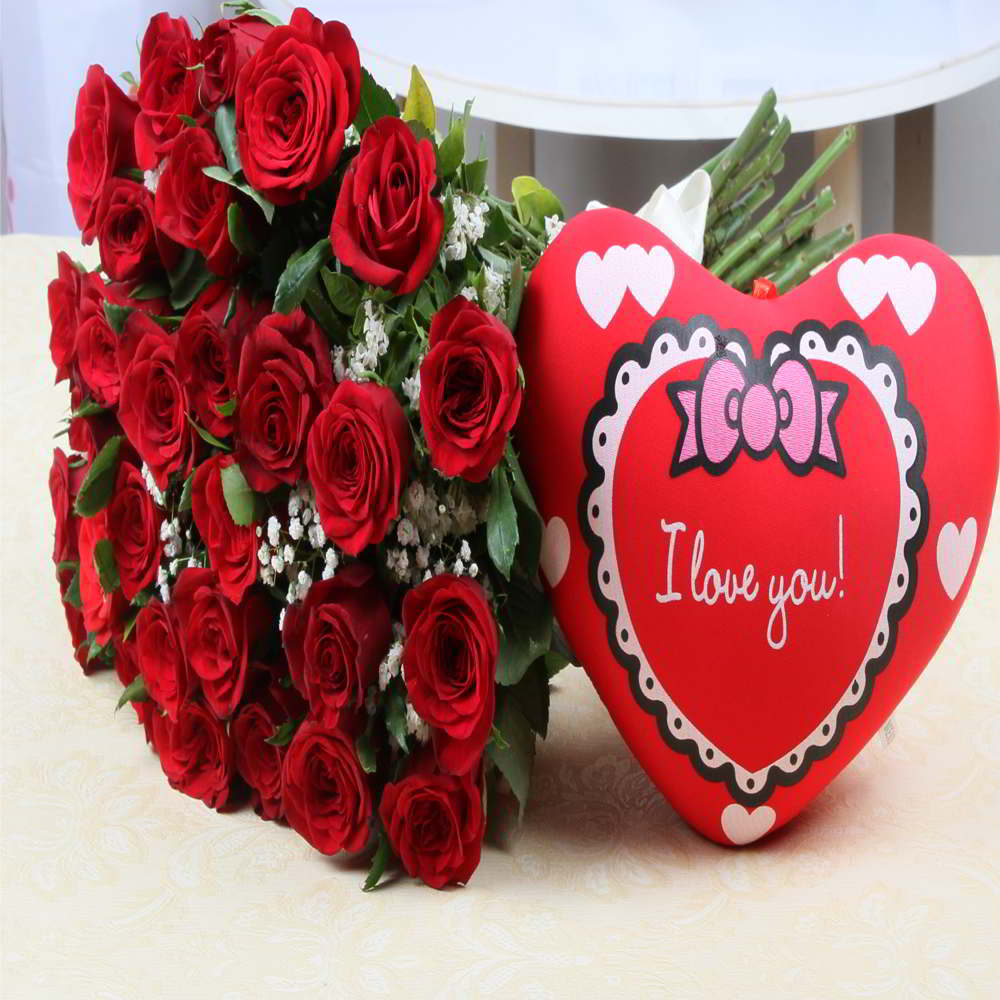Thirty Red color Roses Bunch with Heart Cushion