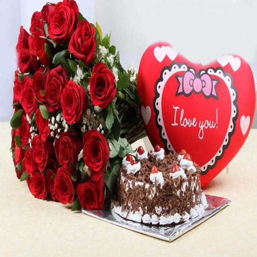 Red Roses Bunch with Heart Cushion and Black Forest Cake