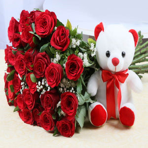 Thirty Red Roses with White Teddy Soft Toy