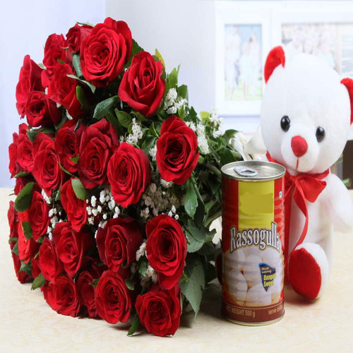 Red Roses Bunch with Teddy and Rasgulla Sweets
