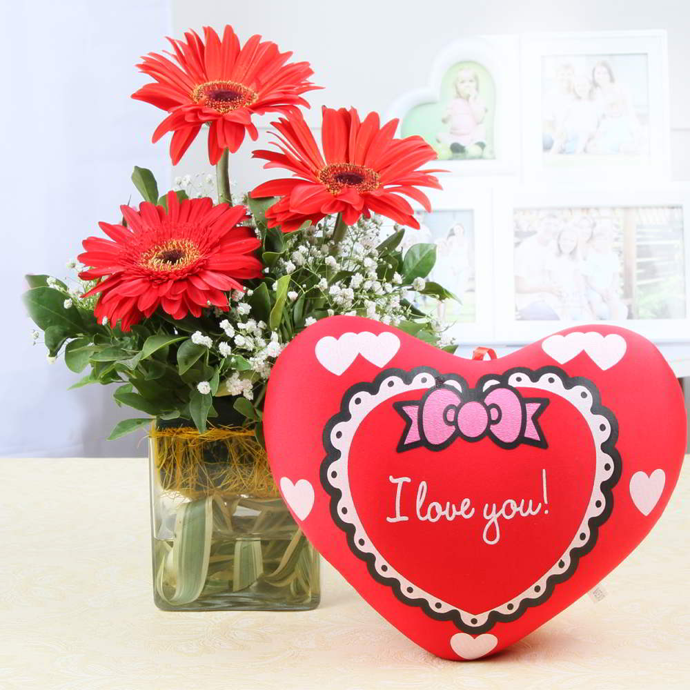 Red Gerberas in Vase with Heart Cushion