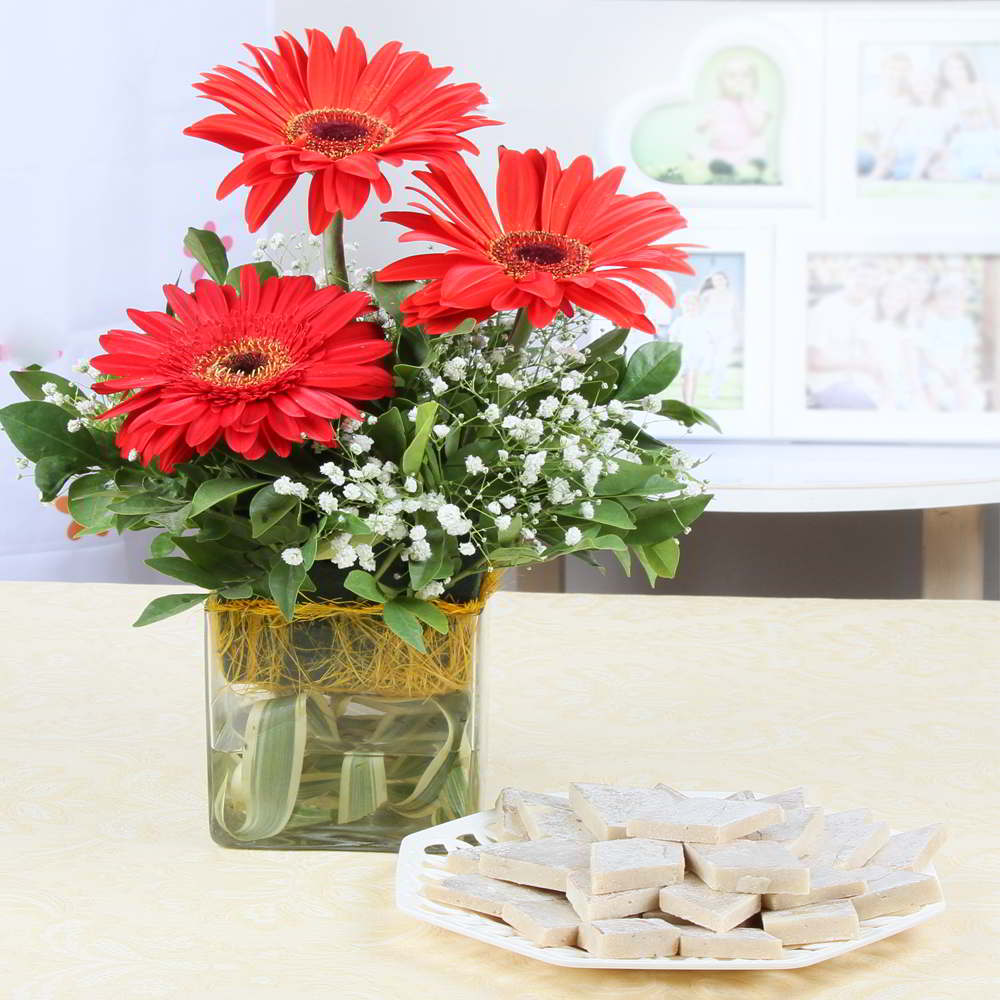 Red Gerberas Vase Arrangement with Kaju Katli Sweets