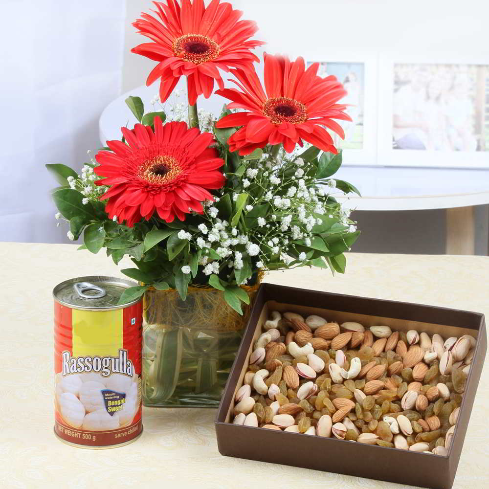 Red Gerberas Vase with Dry Fruits and Rasgulla Sweets