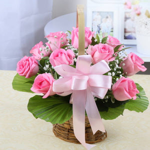 Ten Pink Rose in a Round Basket