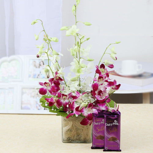 Six Colorful Orchids Vase with Silk Chocolate Combo
