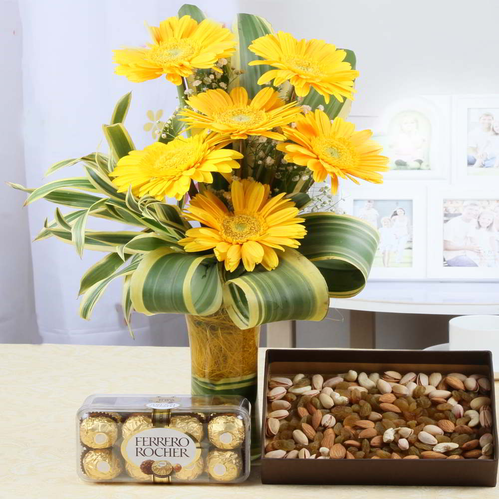 Six Yellow Gerberas Vase with Dry Fruits and Ferrero Rocher Chocolates
