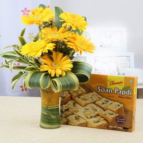 Yellow Gerberas Vase with Soan Papdi Sweet