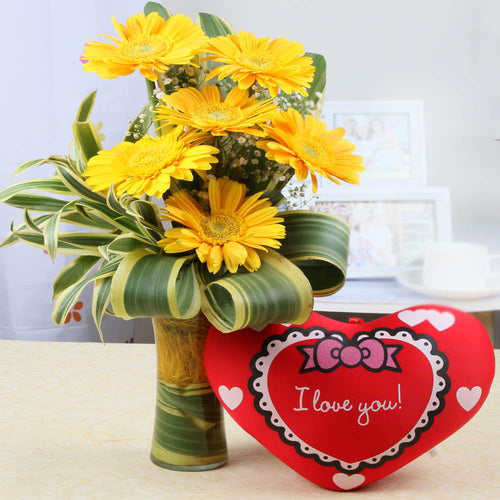 Fresh Yellow Gerberas Vase with Heart Shaped Cushion